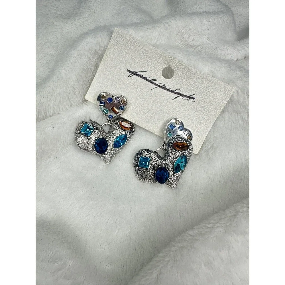 NEW Free People My Everything Silver Heart Dangle Earrings Blue Gemstone Boho
